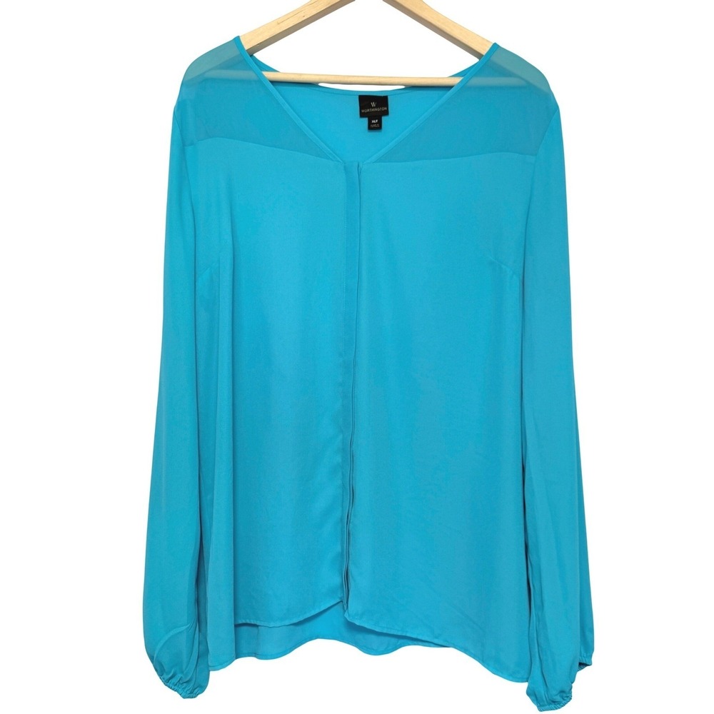Worthington Blouse Womens XLT Turquoise Blue Mesh V-Neck Top Hidden‎ Button Up